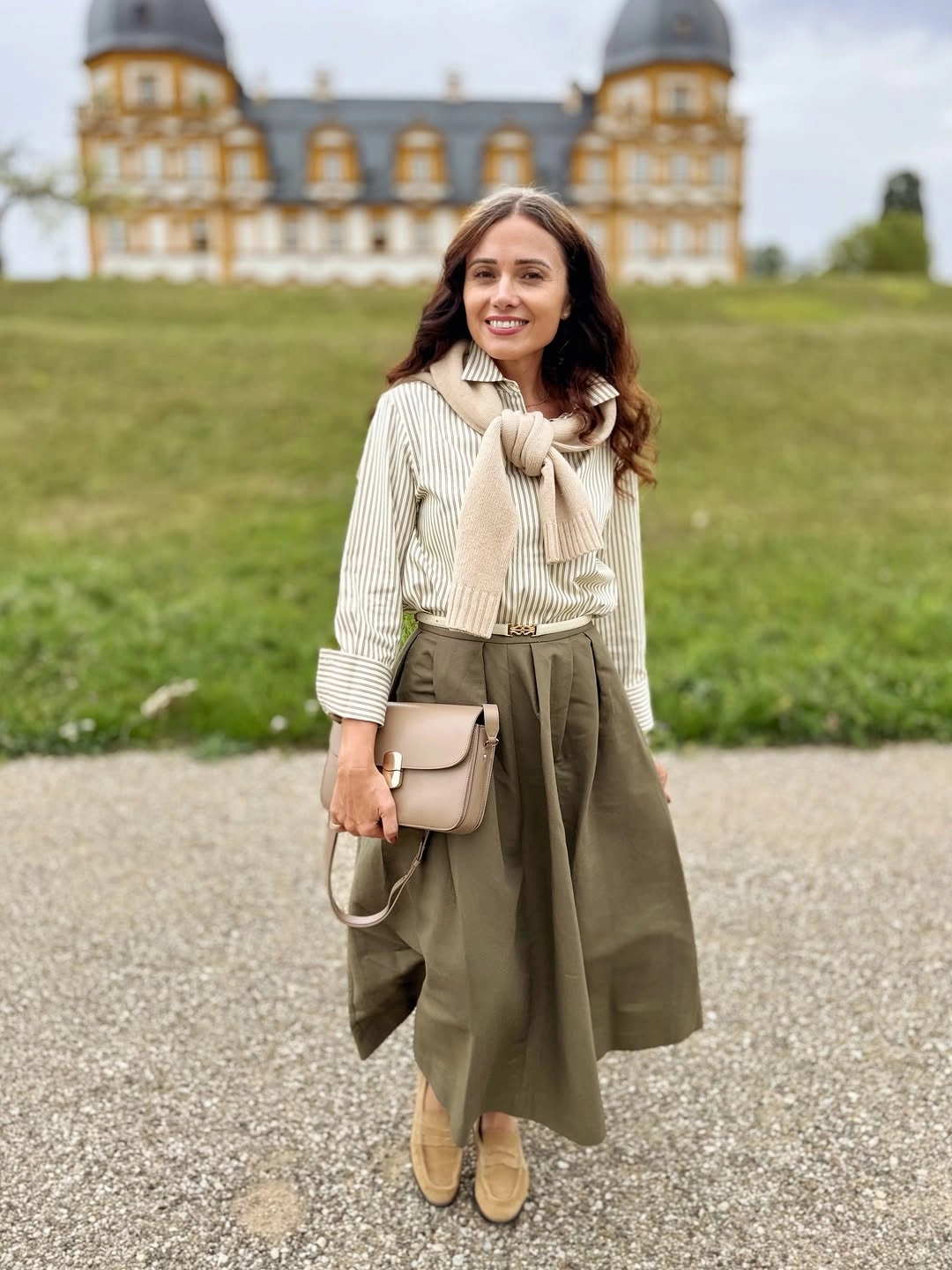 Pale striped blouse cream shoulder sweater olive midi skirt loafers