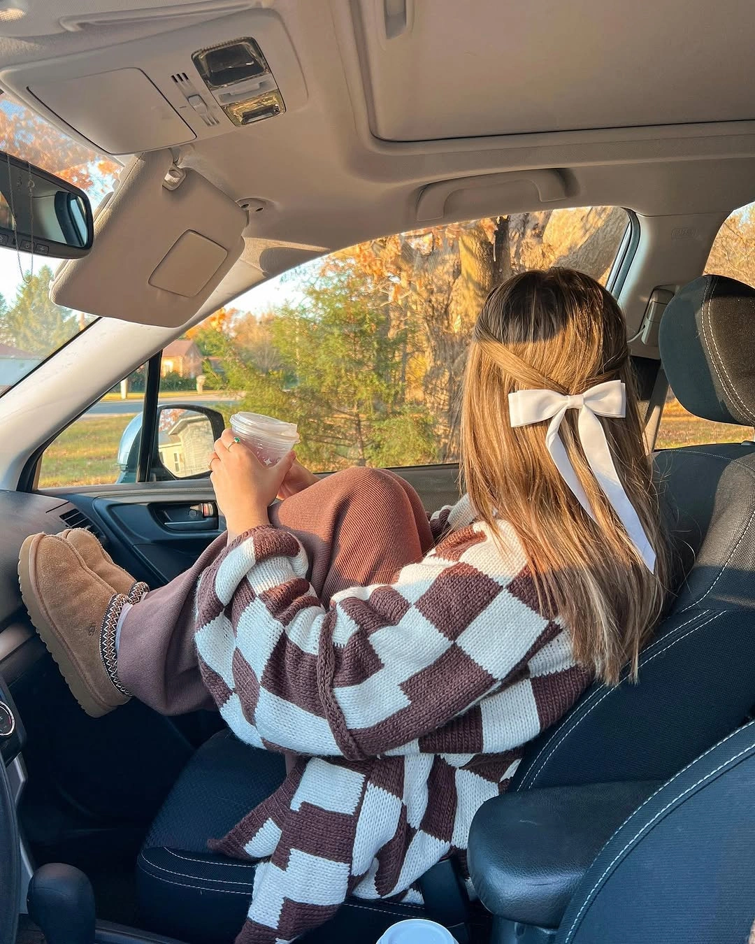 Brown and pale blue check cardigan with rose pants