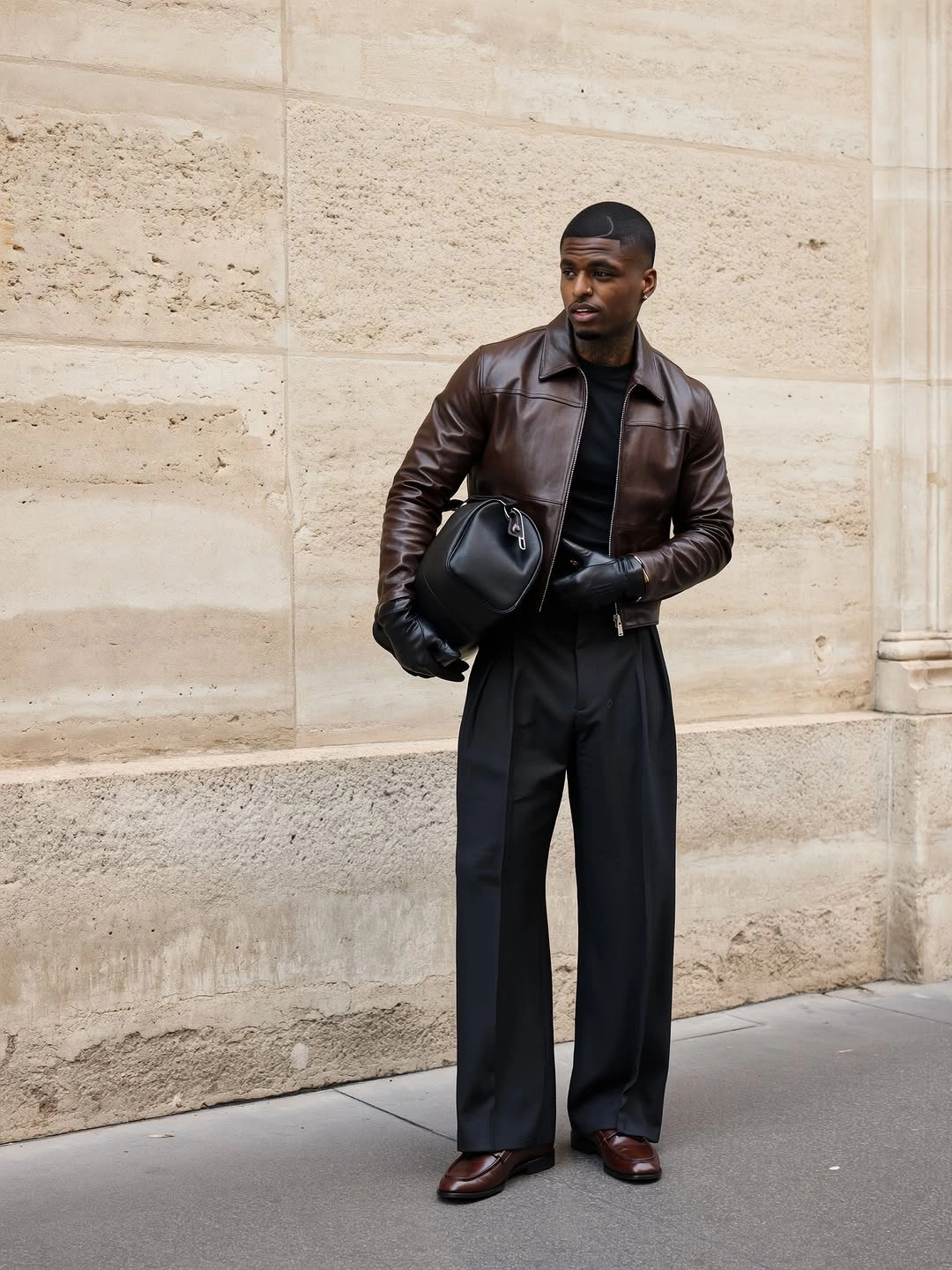 Brown leather jacket with black wide trousers and burgundy shoes