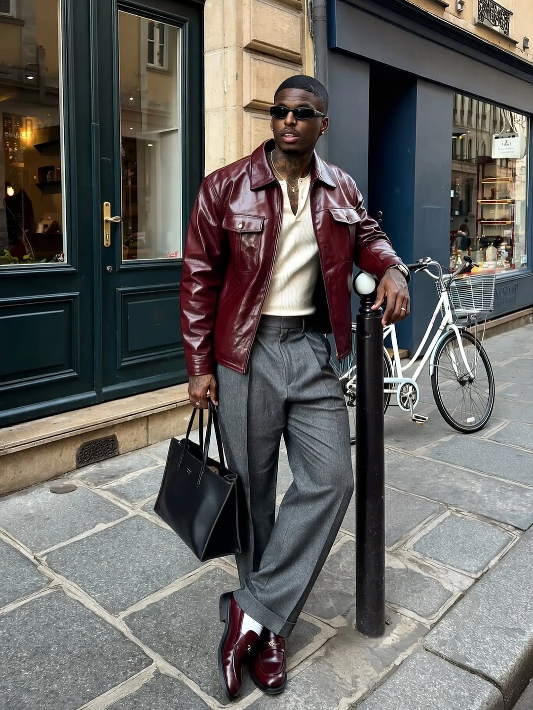 Burgundy leather jacket with ivory knit and gray pleated trousers