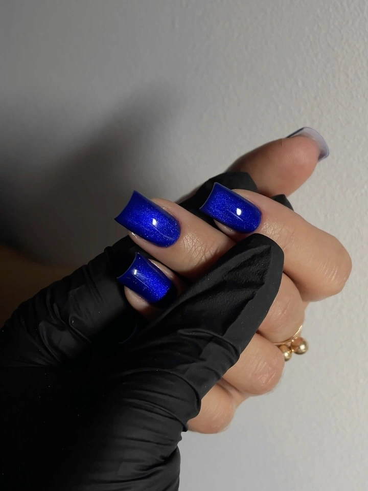 Longer square cobalt glitter nails with high shine