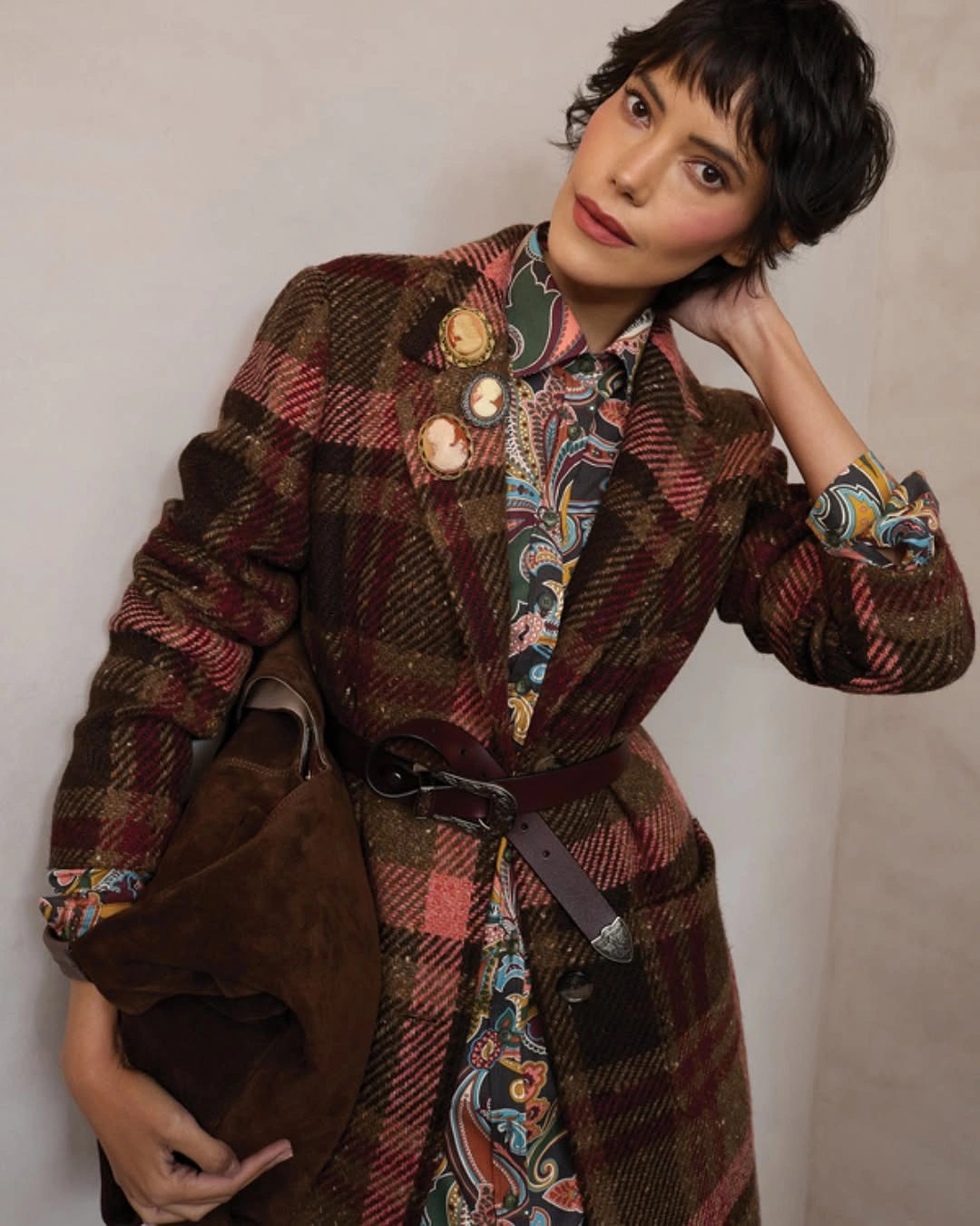 Brown and red plaid coat with belt, patterned layer and bag