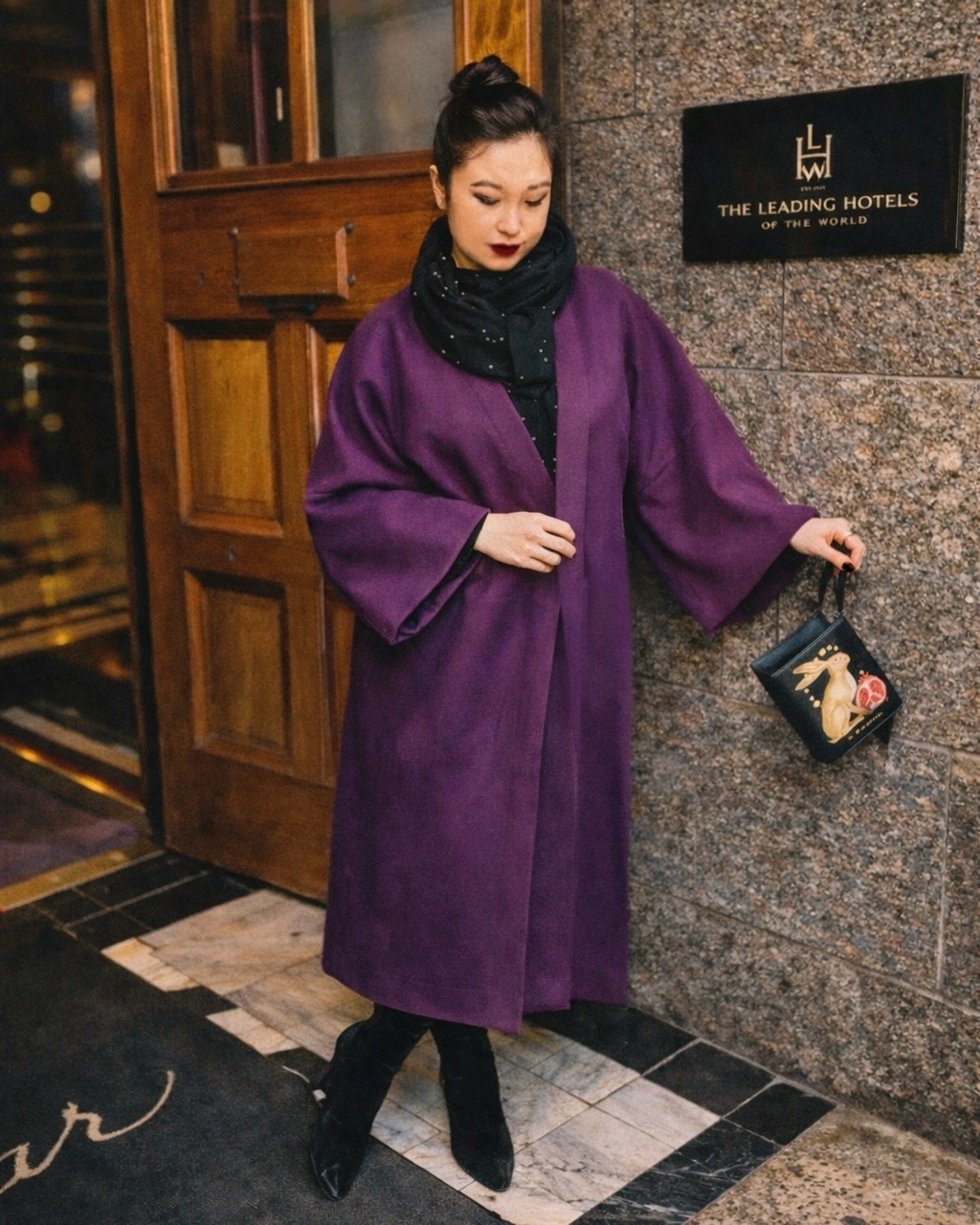 Long purple coat with black scarf, legwear and pointed heels