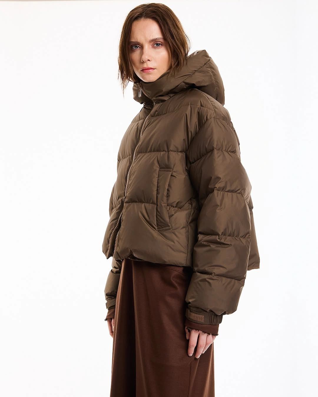 Brown hooded cropped puffer with long brown lower layer