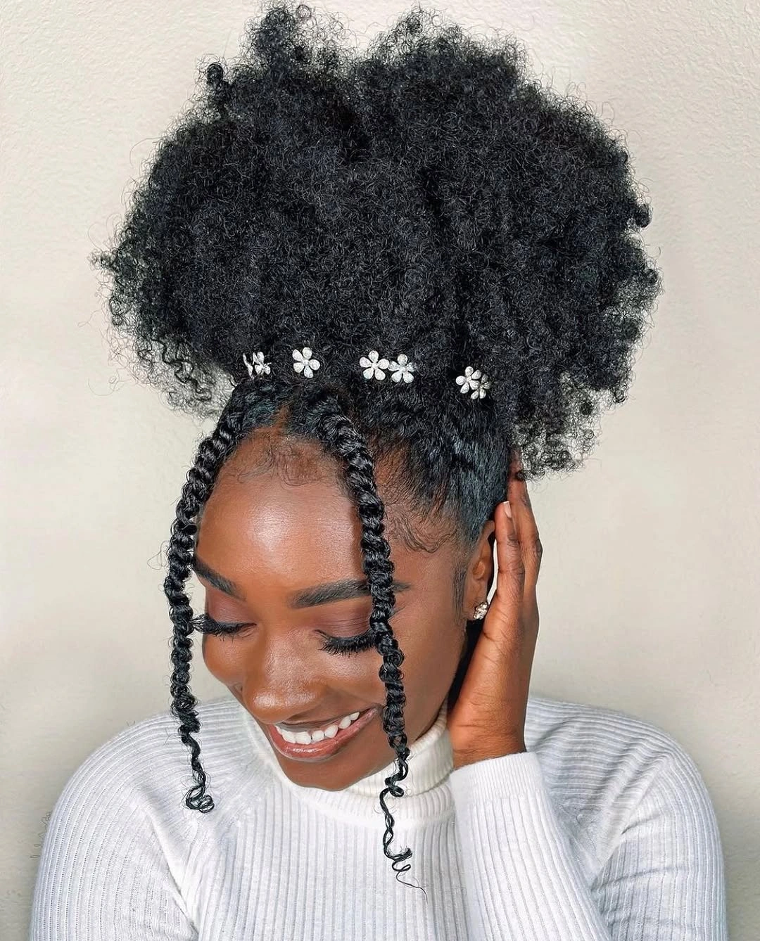 High textured puff with flower clips and two front pieces
