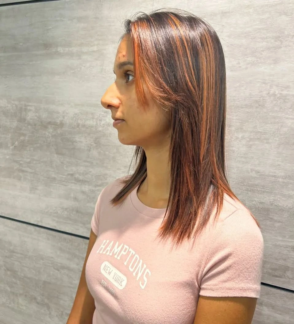 Medium reddish brown straight hair with copper front pieces