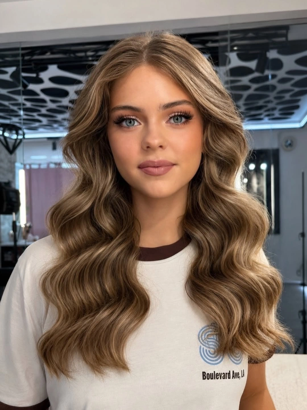 Long blonde brown hair with center part and large waves