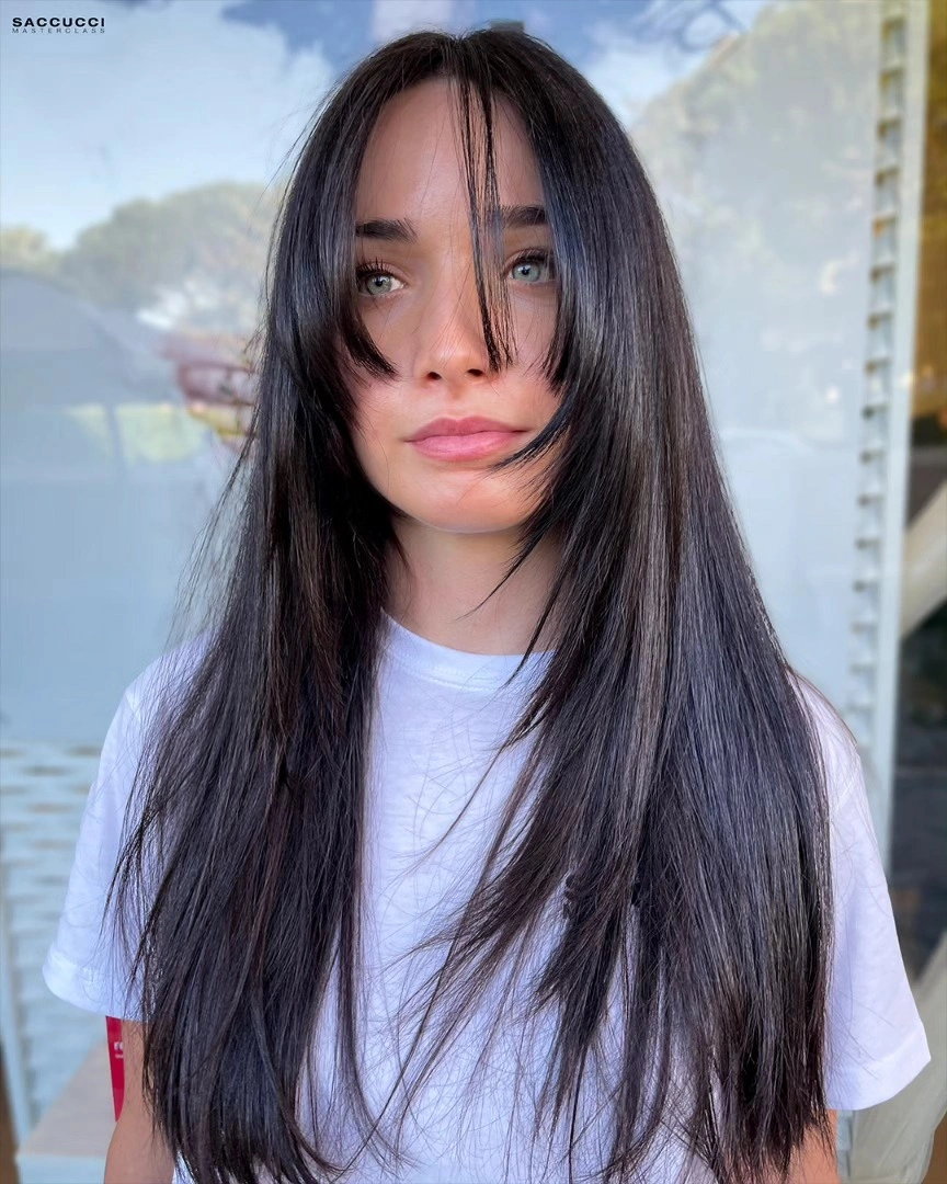 Long dark straight hair with face-skimming front strands