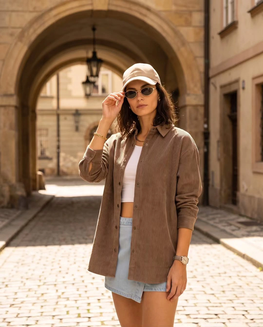Tan open shirt with cap and pale denim wrap mini