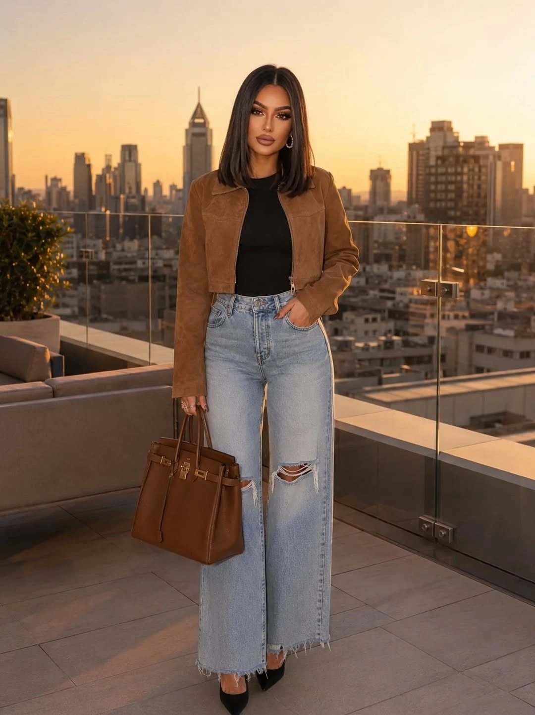 Brown short jacket with ripped wide jeans and tan bag