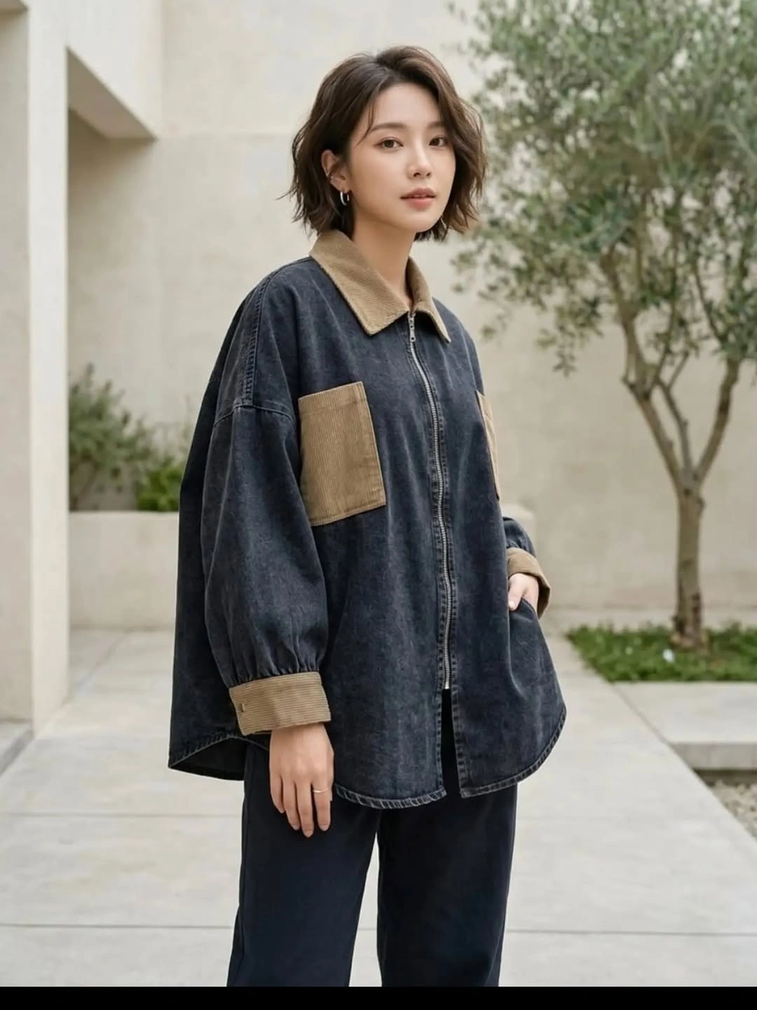 Oversized dark jacket with tan collar, cuffs and pocket panels