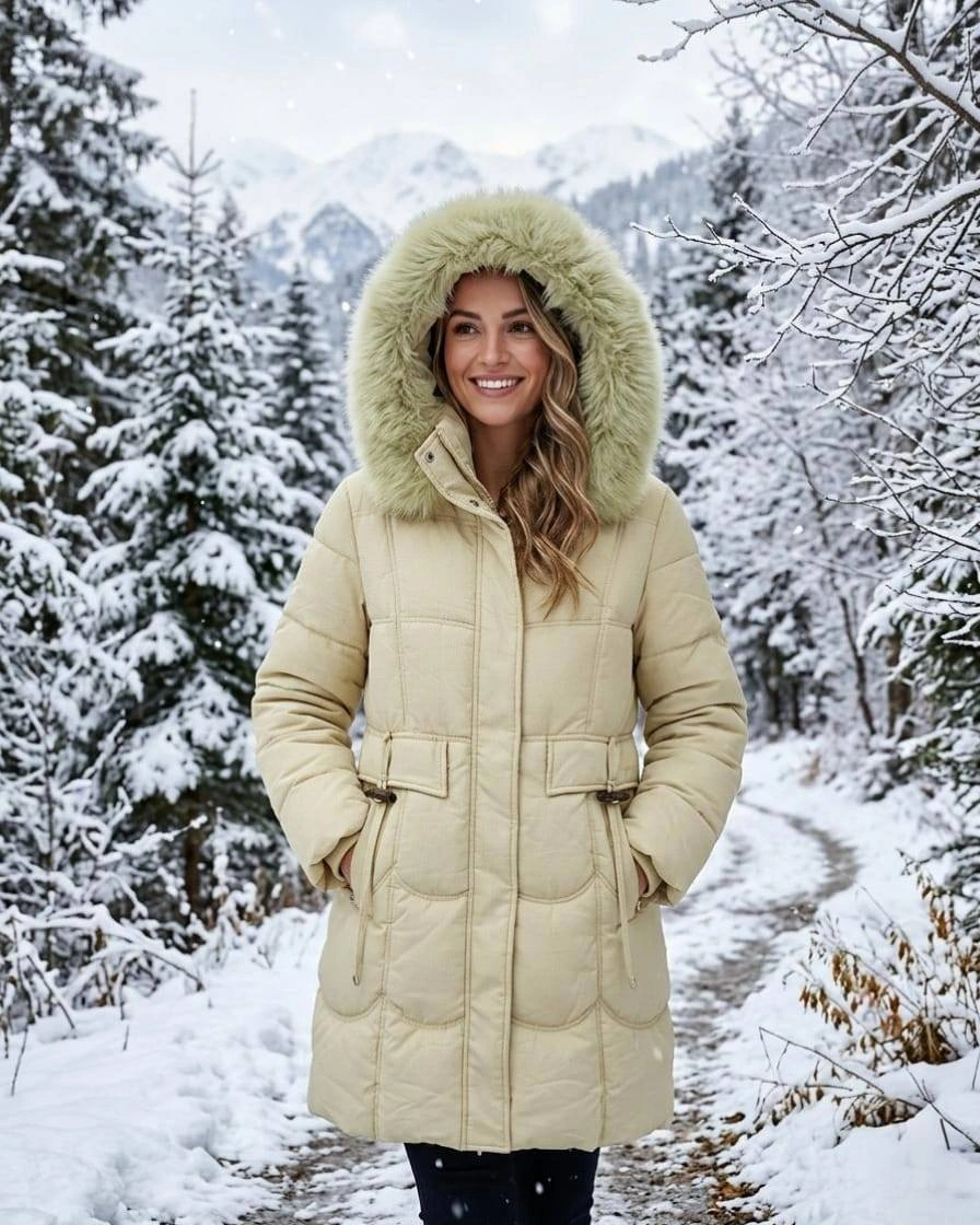 Cream long puffer coat with pale green furry-looking hood trim