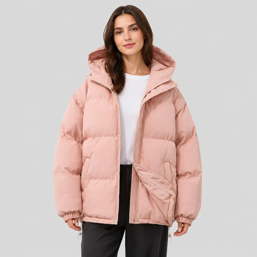 Pale pink hooded puffer with white top and black trousers