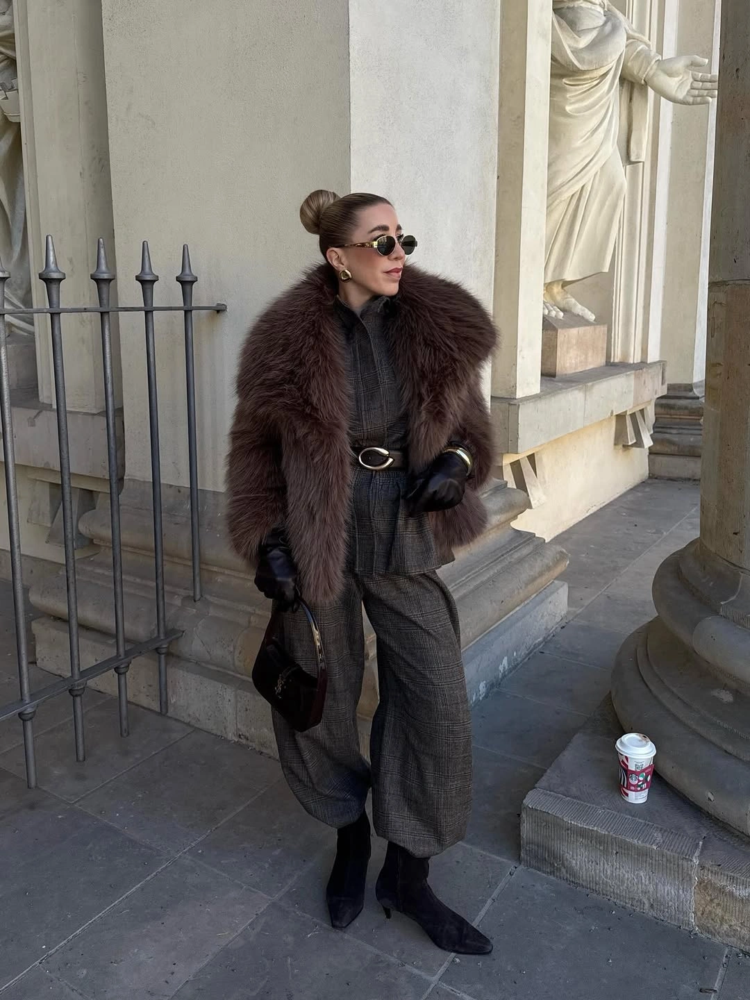 Brown textured outer layer with belted center and charcoal trousers