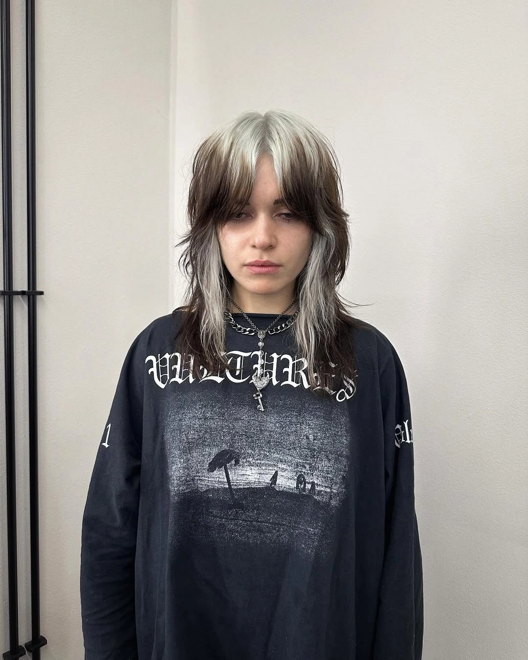 Short dark brunette shag with bold silver gray panels