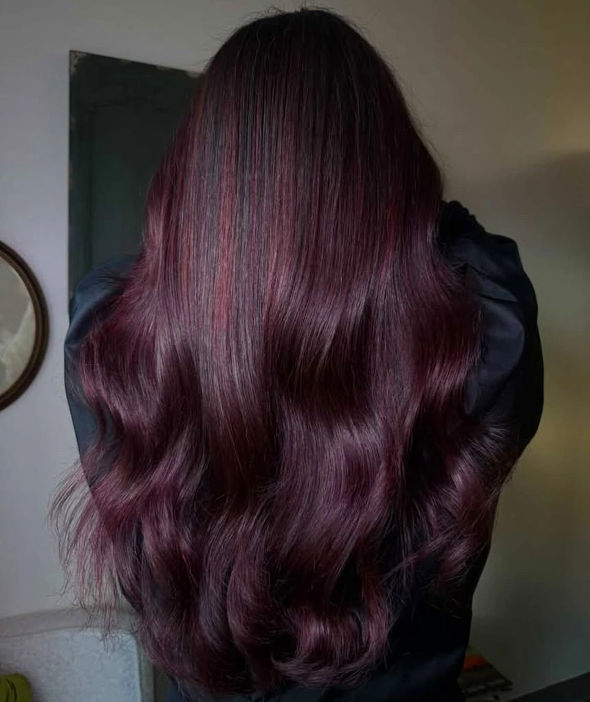 Long dark burgundy hair with subtle plum red reflections