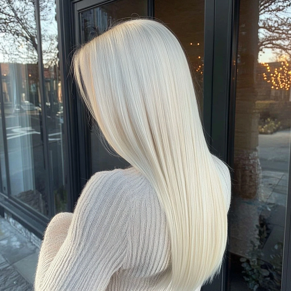 Back side view of very long straight white blonde hair
