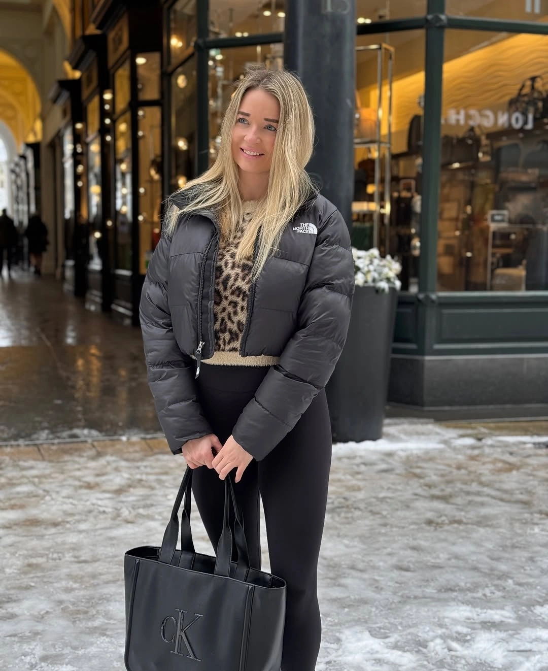Charcoal cropped puffer leopard sweater leggings and black tote