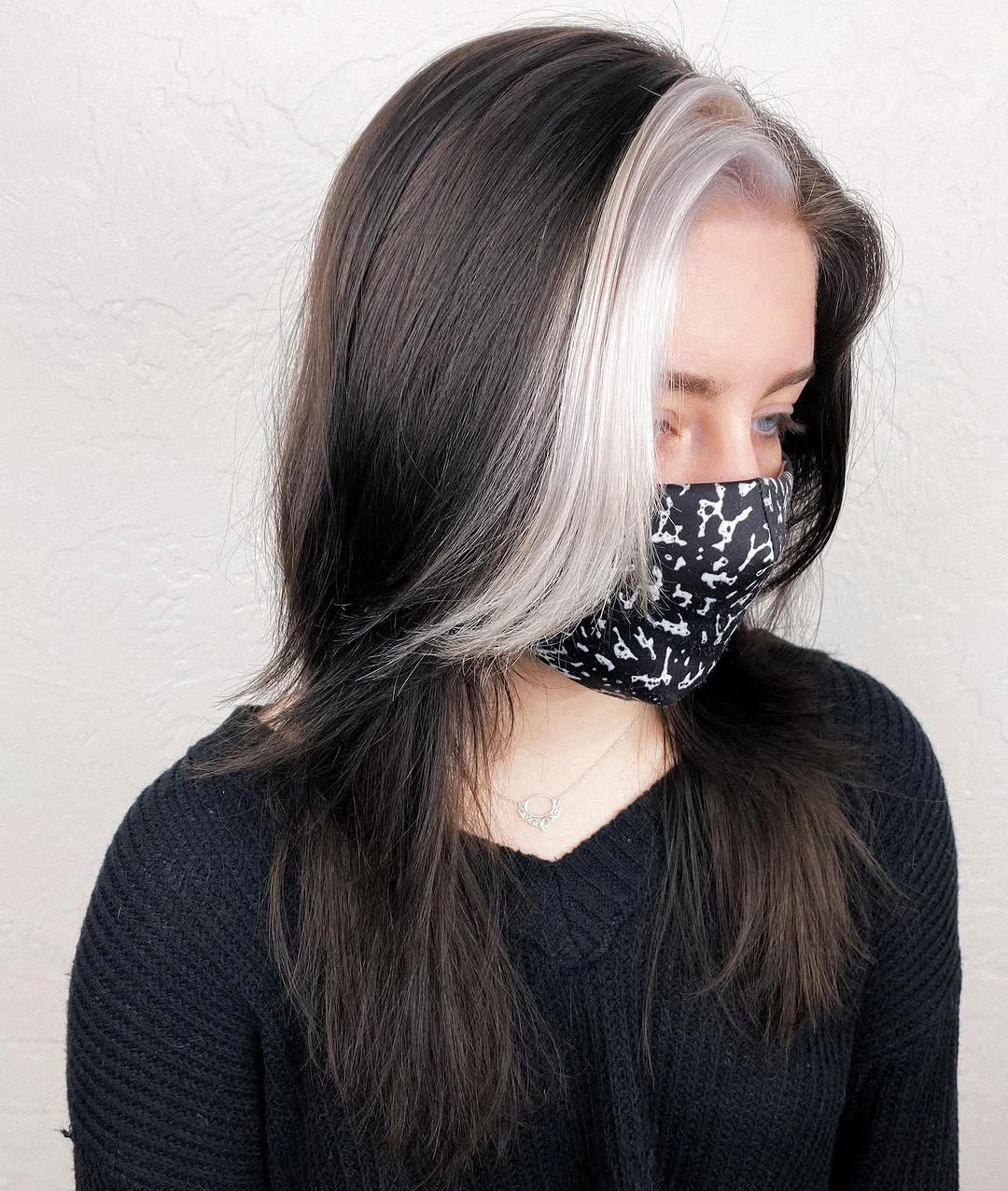 Long dark hair with broad silver-white front section
