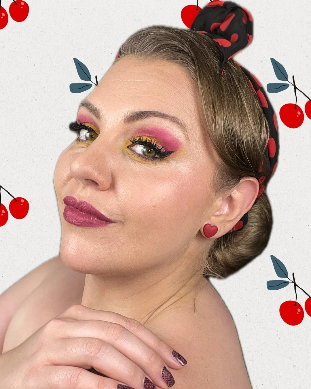 Smoothed-back hair with red and black headband