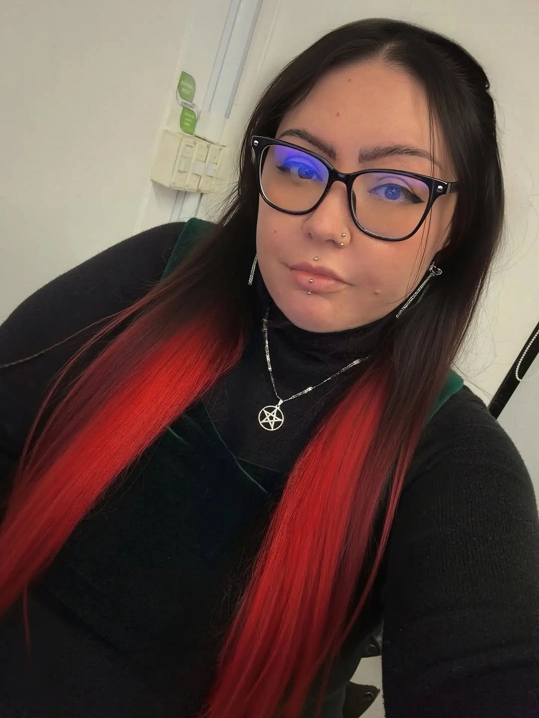Long dark straight hair with glasses and red ends