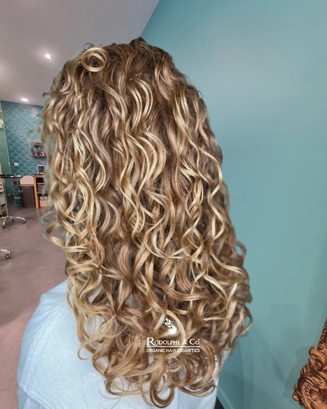 Blonde highlighted curly hair shown from the back