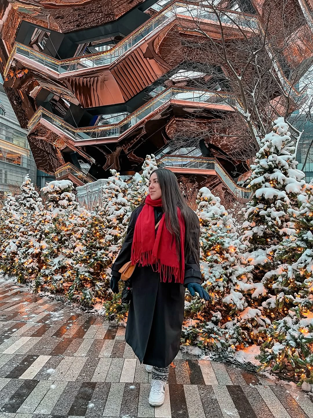 Woman in dark coat and red scarf beside snowy shrubs