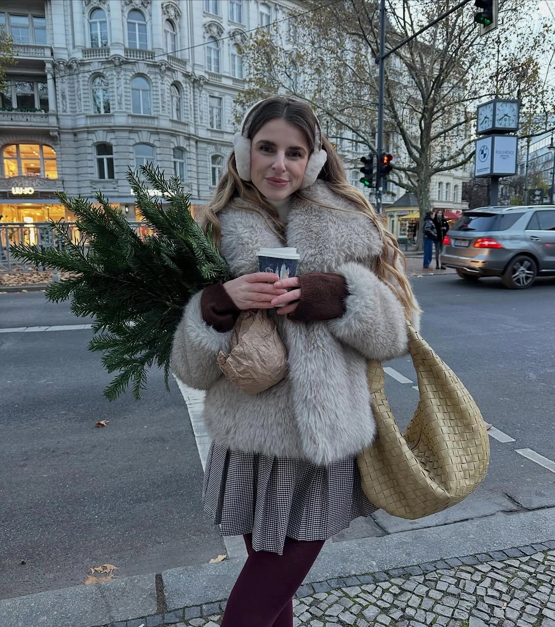 pale gray textured jacket checked mini skirt burgundy tights brown gloves and woven tote