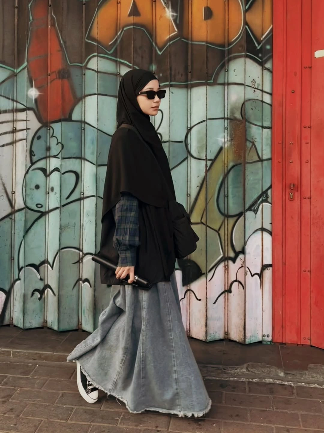 Pink checked long coat and matching mini with green knit top