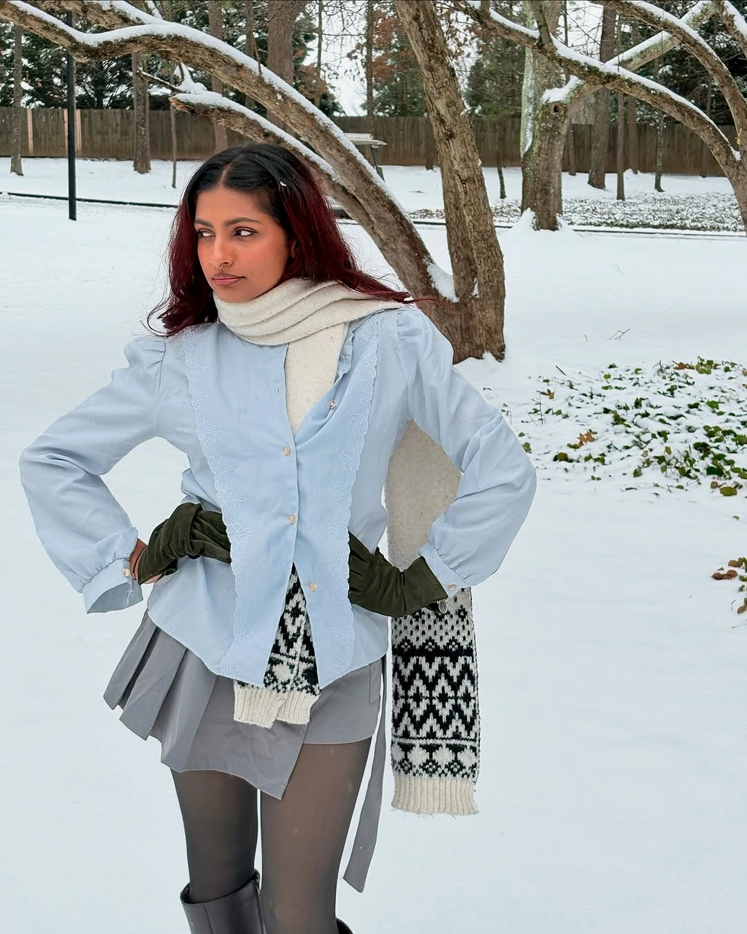 Gray-brown jacket, beige midi skirt and tall pointed black boots